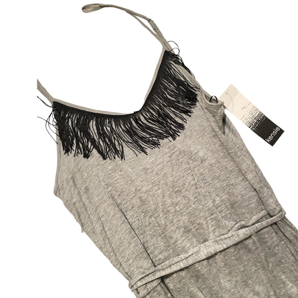Kensie Gray Belted Black Fringe Detail Maxi Dress NWT Size Large